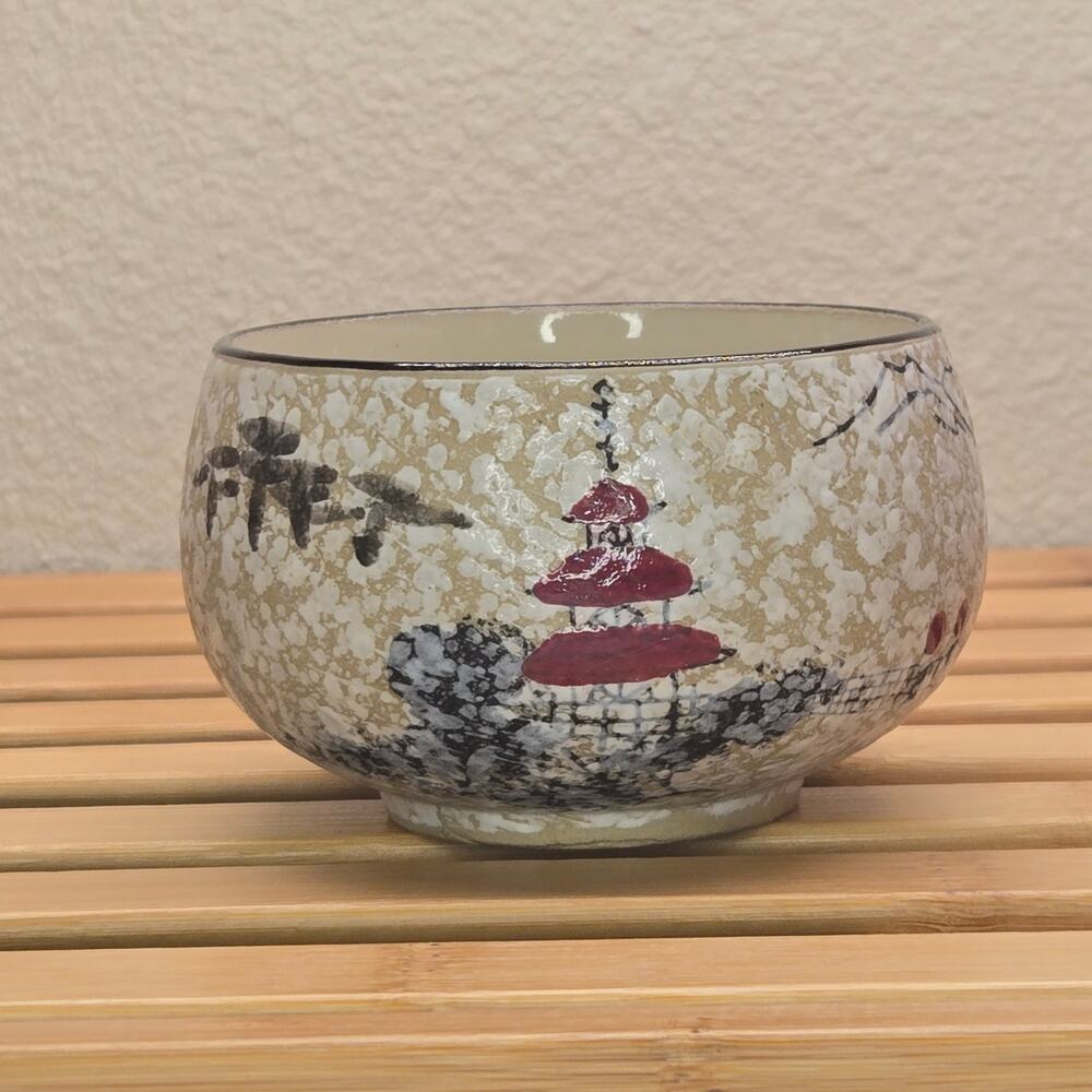 Vintage Japanese Porcelain Tea Bowl - Hand-Painted Pagoda Chawan Matcha Cup